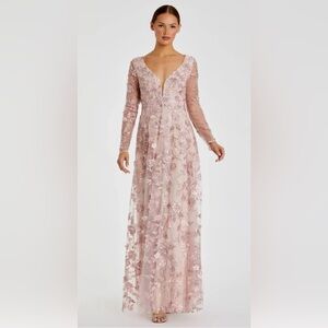 Mac Duggal Pink Floral Applique Long Sleeve Illusion Gown